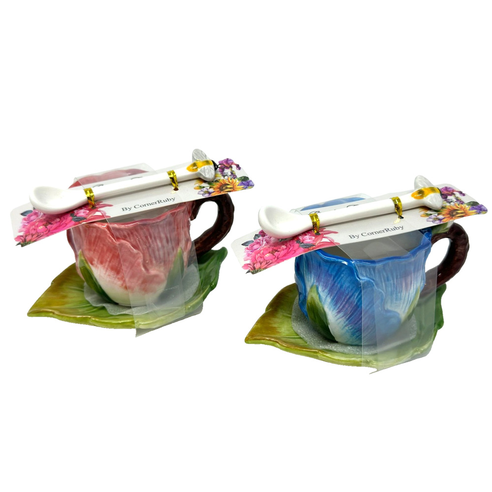 Set of 2 CornerRuby Garden Collection Teacups + Saucer Spoon Blue Red New *Read
